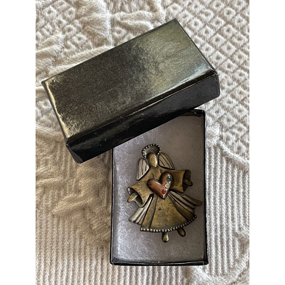 Brass & Silver Tone Angel Brooch Pin w Rhinstones Green White Red